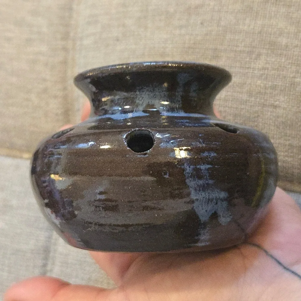 VTG J. Lagues Stoneware Pierced Incense Holder Brown Celadon Glaze 3x4 Potpourri